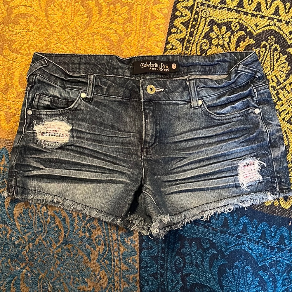 Celebrity Pink Denim Cut-offs with rhinestone details